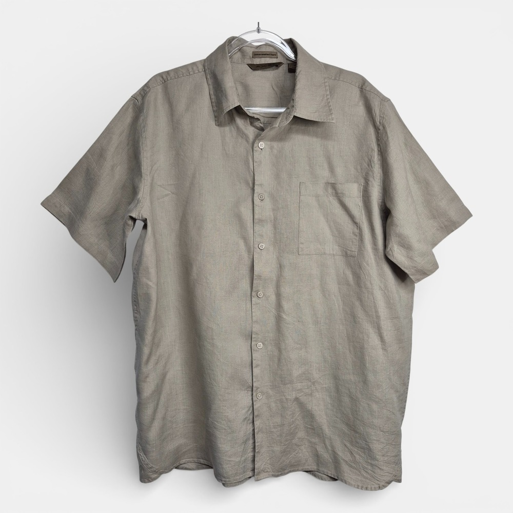 AXIS Mens XL Wave-Washed 100%‎ Linen Shirt Short Sleeve Button Down Khaki Tan